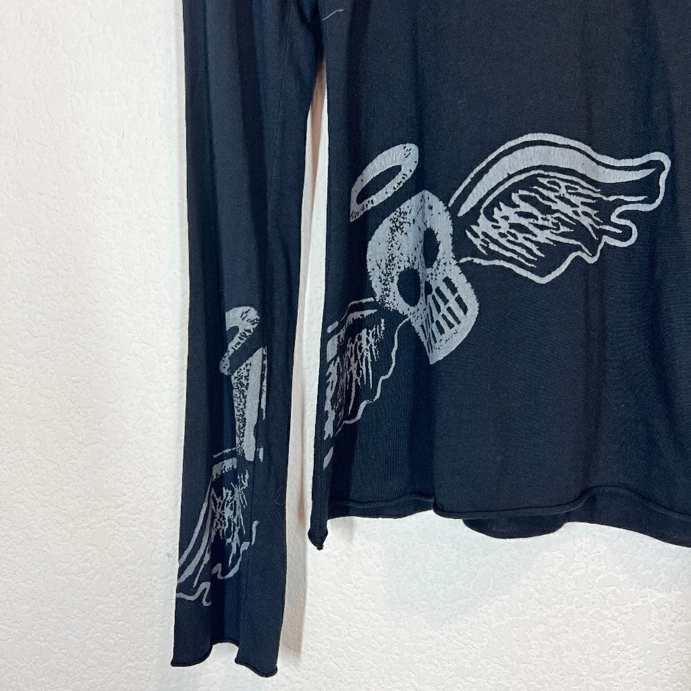 Vintage T-shirt Top Y2K Black Skull Rhinestone Long Sleeve Medium - Picture 7 of 9